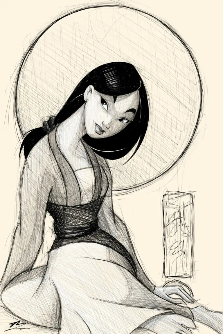 Mulan de Disney assise en croquis, regard par-dessus l'épaule, grand cercle et calligraphie derrière.